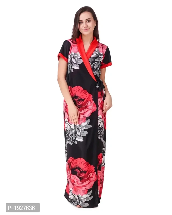 Pack Of 2 Floral Print Satin Robe Gown - M