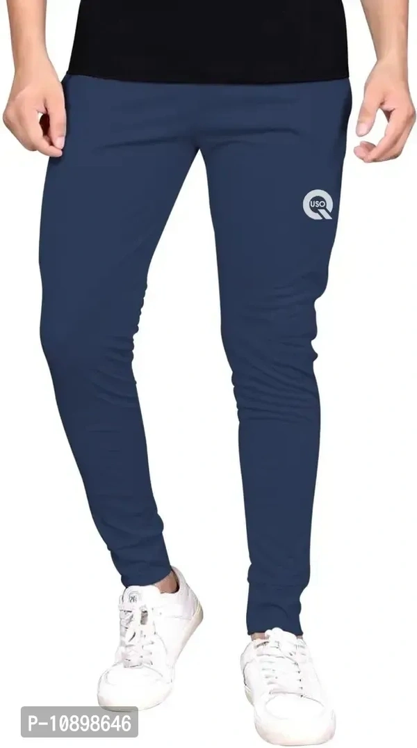 Stylish Navy Blue Cotton Spandex Solid Regular Track Pants For Men - M