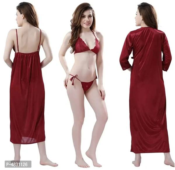 Women Satin Nightwear Set of 4 Pcs Nighty with Robe and Lingerie Set