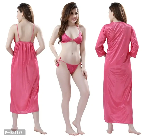 Women Satin Nightwear Set of 4 Pcs Nighty with Robe and Lingerie Set