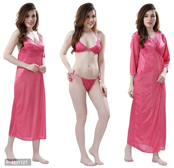 Women Satin Nightwear Set of 4 Pcs Nighty with Robe and Lingerie Set