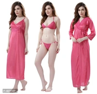 Women Satin Nightwear Set of 4 Pcs Nighty with Robe and Lingerie Set