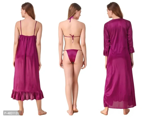 Women Satin Nightwear Set of 4 Pcs (Nighty, Wrap Gown, Lingerie Set)