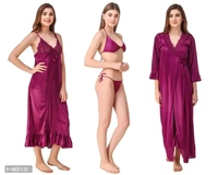 Women Satin Nightwear Set of 4 Pcs (Nighty, Wrap Gown, Lingerie Set)