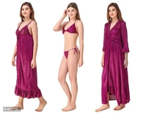 Women Satin Nightwear Set of 4 Pcs (Nighty, Wrap Gown, Lingerie Set)