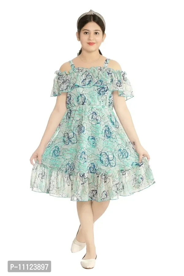 Elegant Georgette Blue Printed Dress For Girls - 6-7 Years