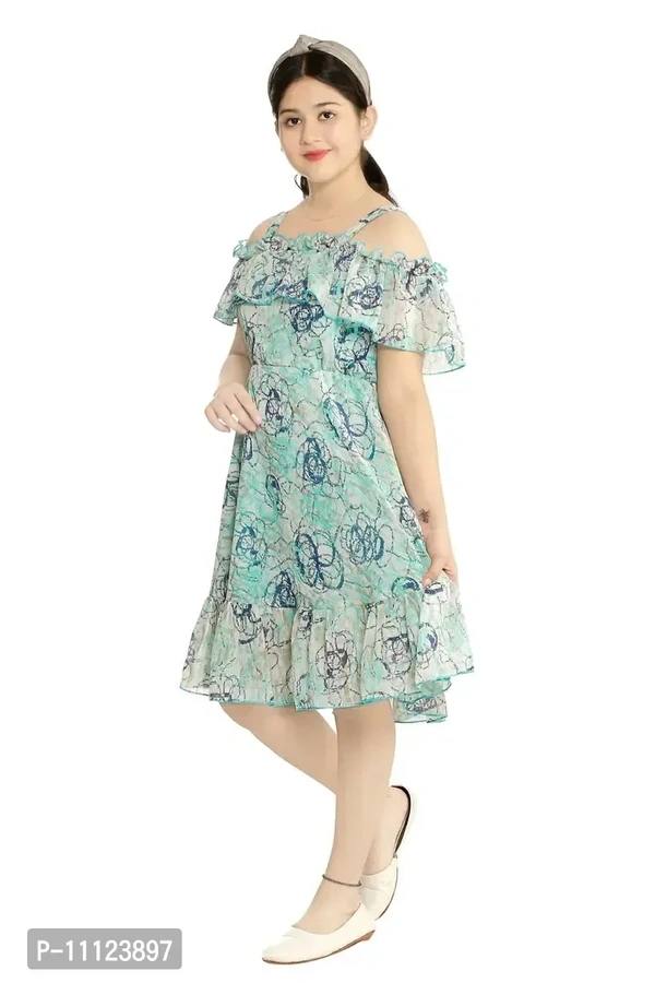 Elegant Georgette Blue Printed Dress For Girls - 6-7 Years