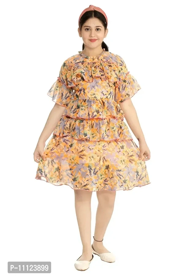 Elegant Georgette Orange Printed Dress For Girls - 7-8 Years