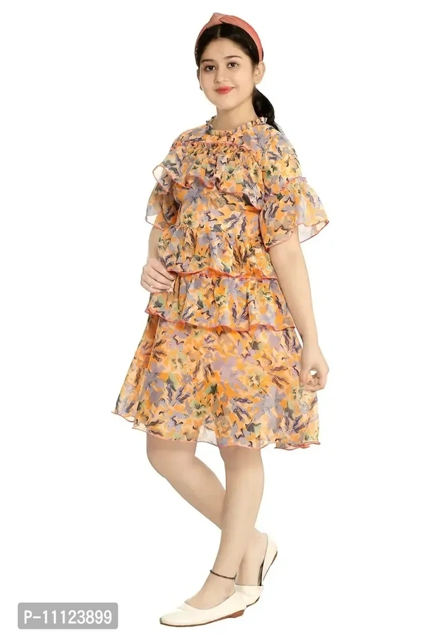 Elegant Georgette Orange Printed Dress For Girls - 7-8 Years