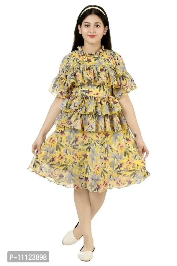 Elegant Georgette Yellow Printed Dress For Girls - 6-7 Years