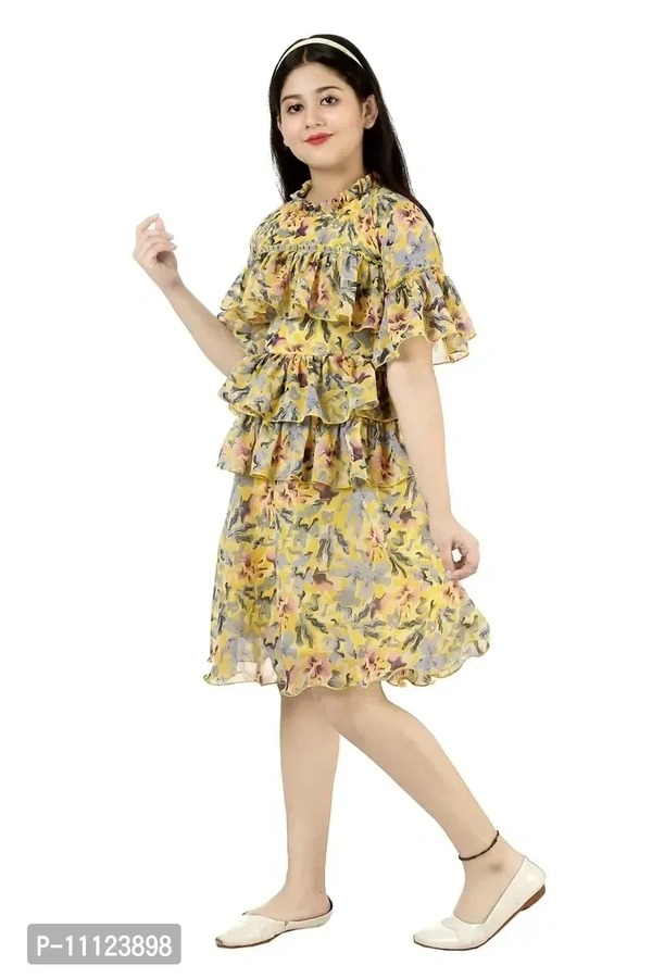 Elegant Georgette Yellow Printed Dress For Girls - 7-8 Years