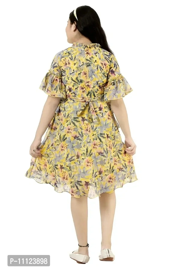 Elegant Georgette Yellow Printed Dress For Girls - 8-9 Years