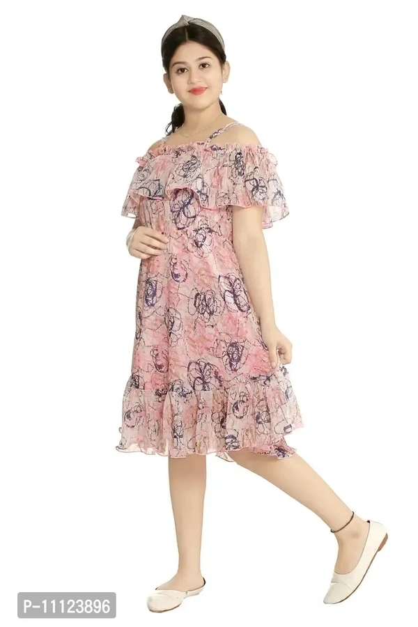 Elegant Georgette Pink Printed Dress For Girls - 5-6 Years
