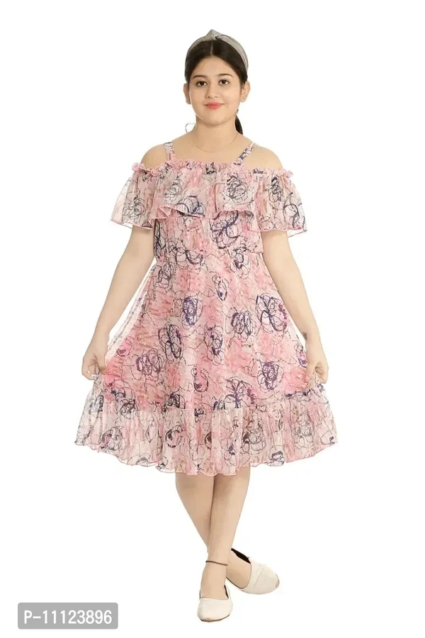 Elegant Georgette Pink Printed Dress For Girls - 6-7 Years