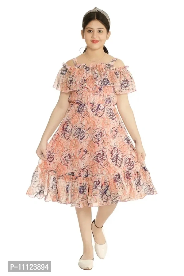 Elegant Georgette Orange Printed Dress For Girls - 9-10 Years