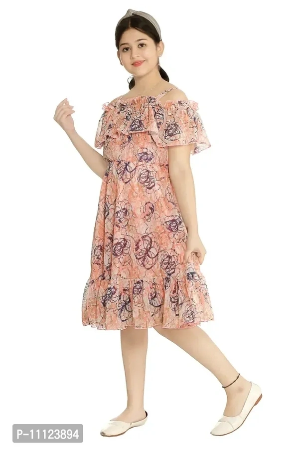 Elegant Georgette Orange Printed Dress For Girls - 9-10 Years