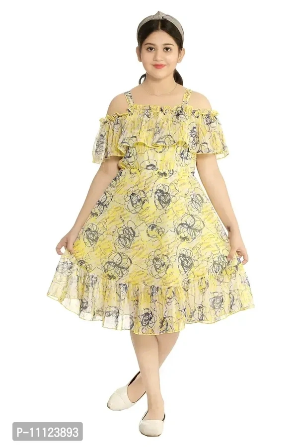 Elegant Georgette Yellow Printed Dress For Girls - 9-10 Years