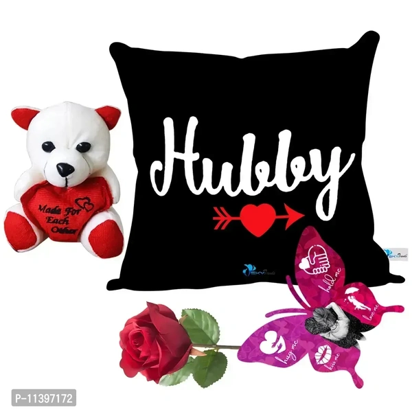 Valentine Gift Combo Printed Cushion with Filler, Cute Little Teddy with Butterfly Shaped Greeting Card and Artificial Rose