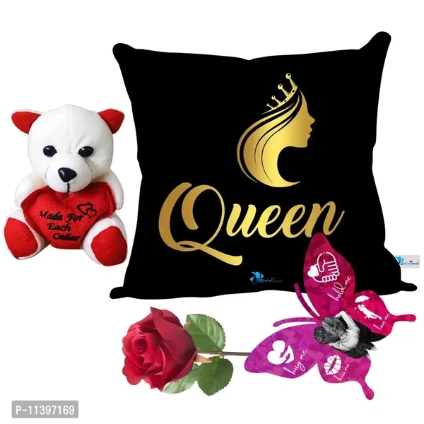 Valentine Gift Combo Printed Cushion with Filler, Cute Little Teddy with Butterfly Shaped Greeting Card and Artificial Rose