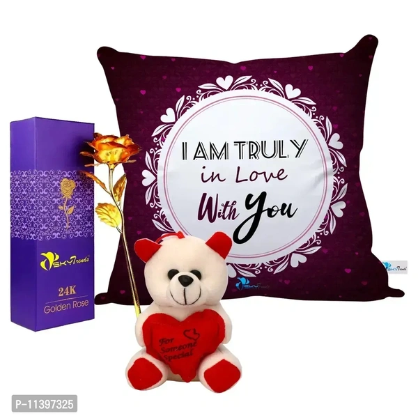 Valentine Gift Combo Printed Cushion with Filler, Artificial Gold Rose and Cute Little Teddy