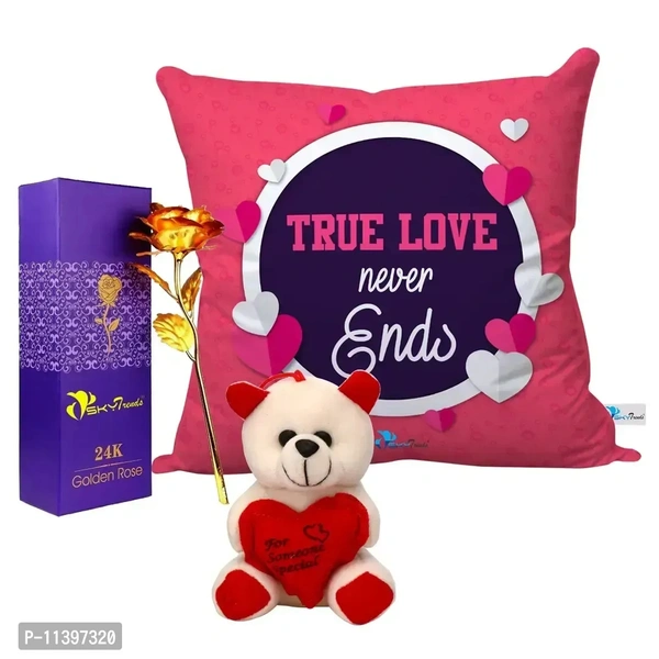 Valentine Gift Combo Printed Cushion with Filler, Artificial Gold Rose and Cute Little Teddy