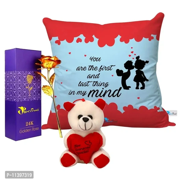 Valentine Gift Combo Printed Cushion with Filler, Artificial Gold Rose and Cute Little Teddy