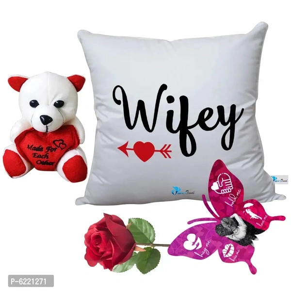 Valentine Gift Combo Printed Cushion with Filler, Cute Little Teddy with Butterfly Shaped Greeting Card and Artificial Rose-006