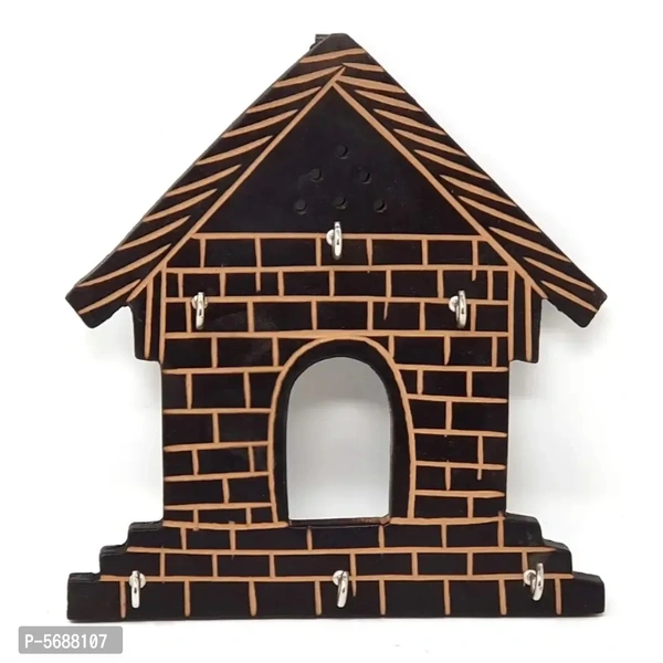 Wooden Hut Shape Wall Decor Key Holder ( Black, 7 X 8 Inch )