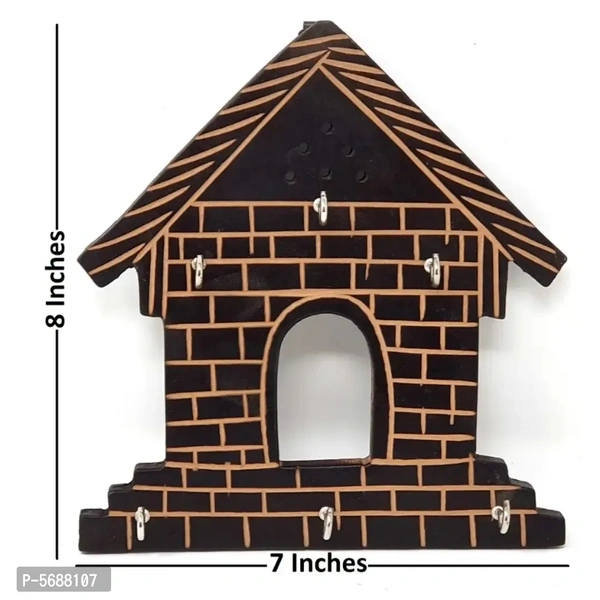 Wooden Hut Shape Wall Decor Key Holder ( Black, 7 X 8 Inch )