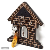 Wooden Hut Shape Wall Decor Key Holder ( Black, 7 X 8 Inch )