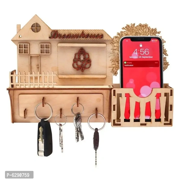 Home Keys Wooden Key Holder with 5 Hooks and Charging Purpose Mobile Stand (11 INCH X 7.5 INCH X 2 INCH)