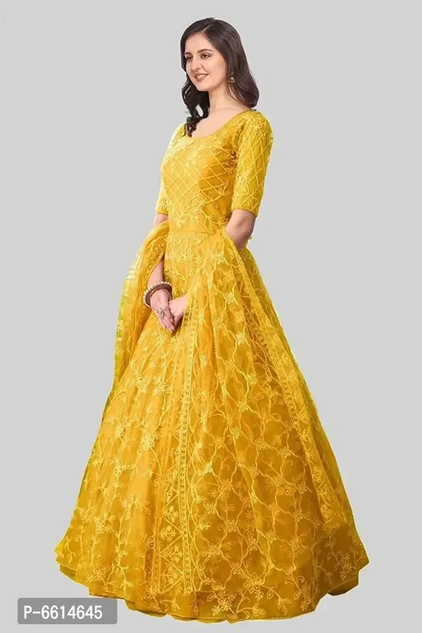 Fabulous Net Embroidered Gown With Dupatta For Women