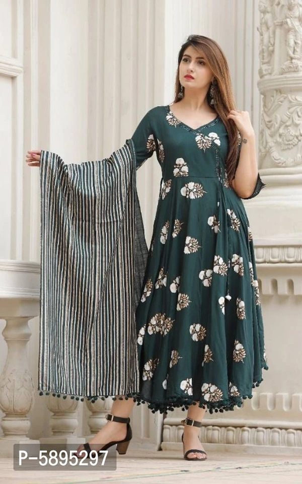 Trendy Rayon Anarkali Printed Long Gown With Dupatta - M