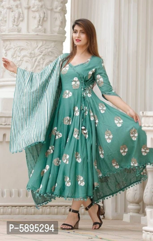 Trendy Rayon Anarkali Printed Long Gown With Dupatta - S