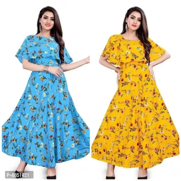 Tendy Women Fancy Printed Skyblue and Yellow Gown - XL