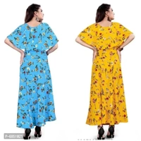 Tendy Women Fancy Printed Skyblue and Yellow Gown - XL