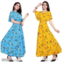Tendy Women Fancy Printed Skyblue and Yellow Gown - 2xl