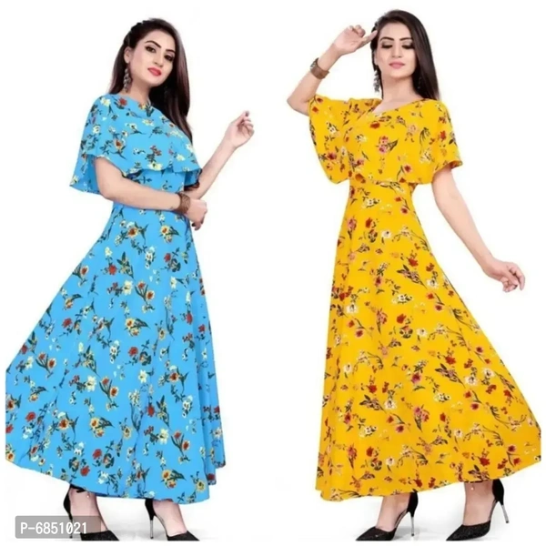 Tendy Women Fancy Printed Skyblue and Yellow Gown - 2xl