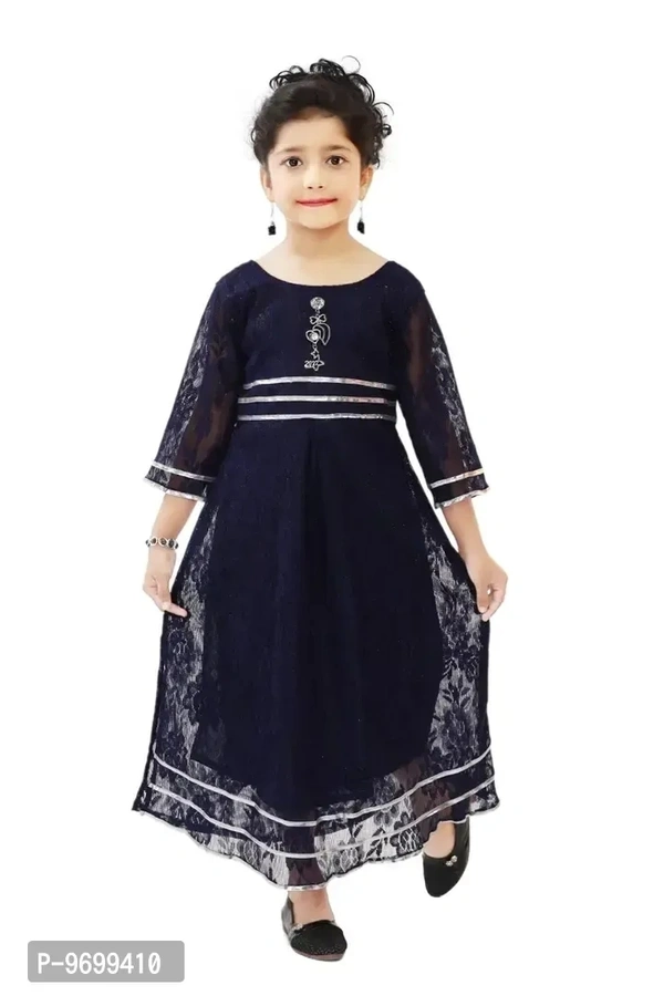 Elegant Navy Blue Net Embroidered Fit And Flare Dress For Baby Girls - 2-3 Years