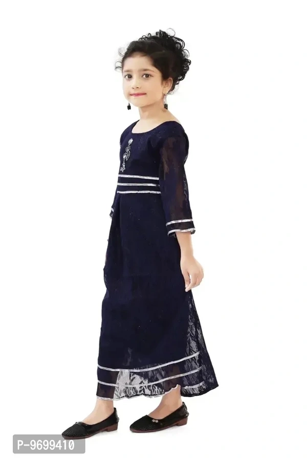 Elegant Navy Blue Net Embroidered Fit And Flare Dress For Baby Girls - 3-4 Years