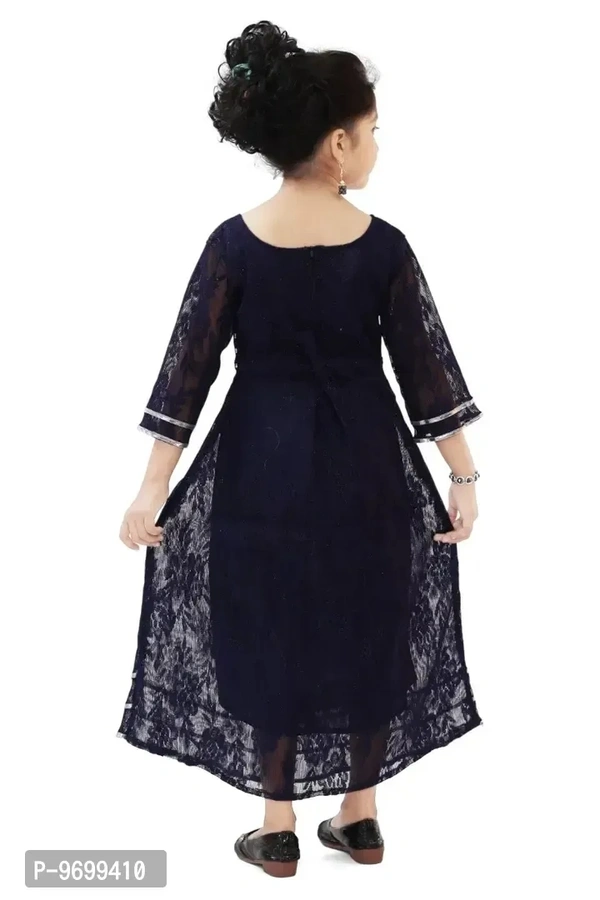 Elegant Navy Blue Net Embroidered Fit And Flare Dress For Baby Girls - 8-9 Years