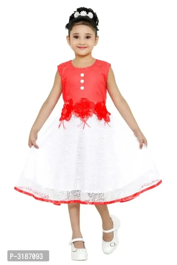 RNR FASHION Girls Red and White Net Made Midi/Knee Length Sleeveless Frock(RNR028) - 5-6 Years