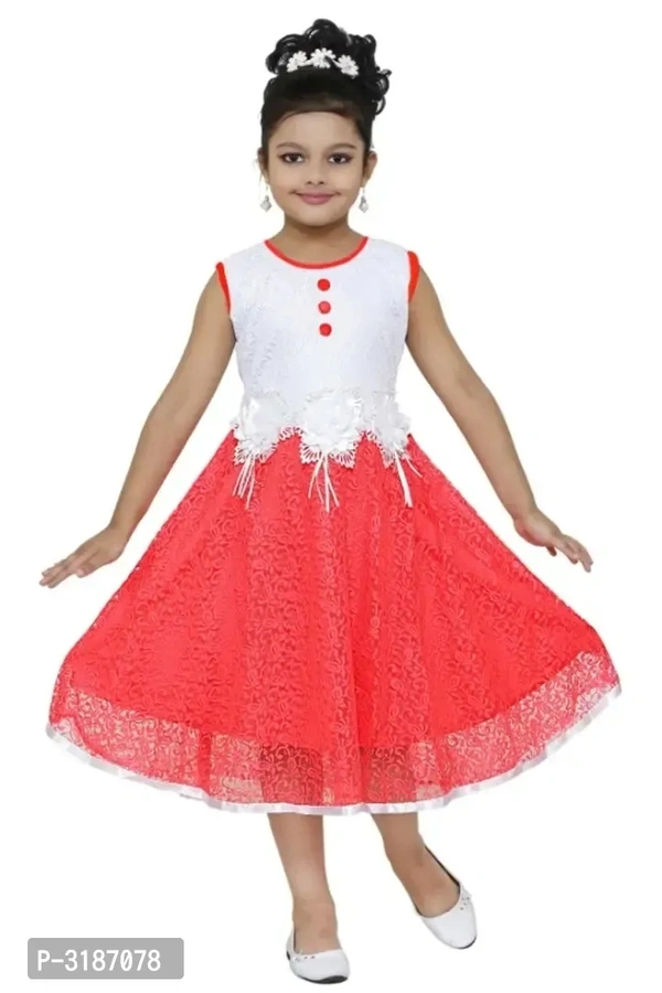 RNR FASHION Girls White and Red Net Made Midi/Knee Length Sleeveless Frock(RNR027) - 2-3 Years