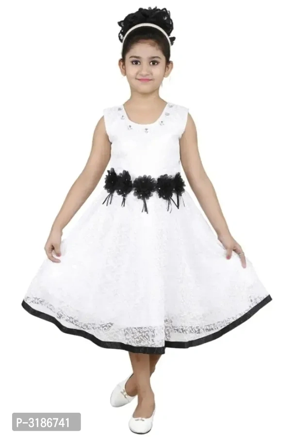 RNR FASHION Girls White Net Made Sleeveless Midi/Knee Length Frock(RNR019) - 9-10 Years