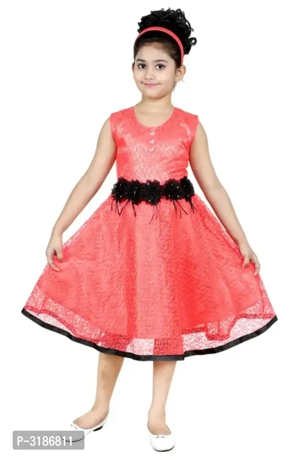 RNR FASHION Girls Red Net Made Sleeveless Midi/Knee Length Frock(RNR020) - 2-3 Years