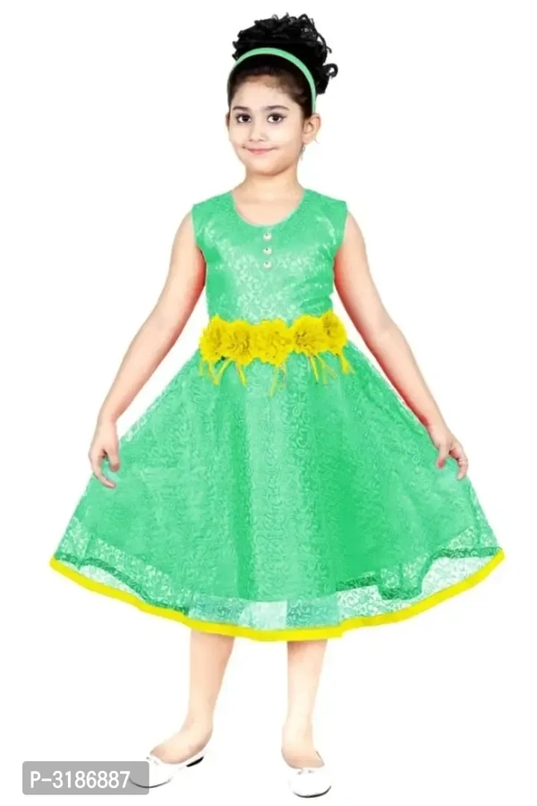 RNR FASHION Girls Green Net Made Sleeveless Midi/Knee Length Frock(RNR032) - 4-5 Years