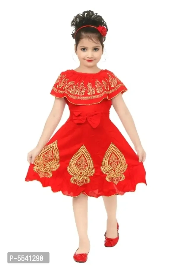 Girls Below Knee Party Dress (Red, Sleeveless) - 5-6 Years