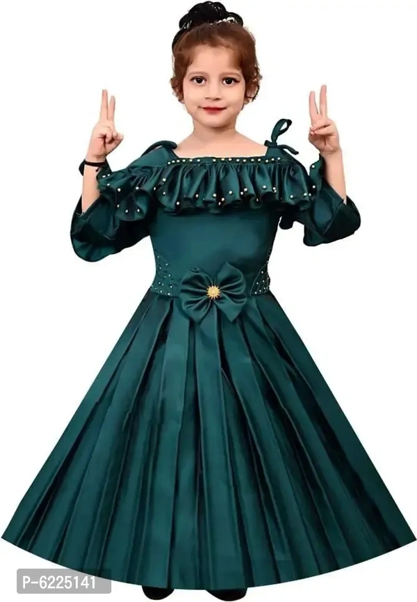 Stylish Silk Blend Green Gown Style Long Dress For Girls - 7-8 Years