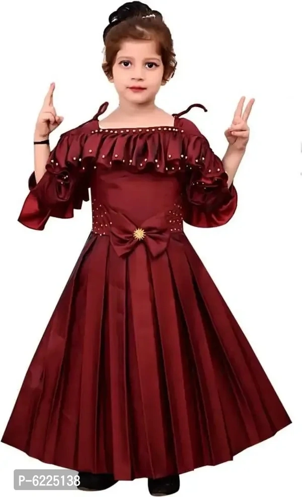 Stylish Silk Blend Maroon Gown Style Long Dress For Girls - 3-4 Years