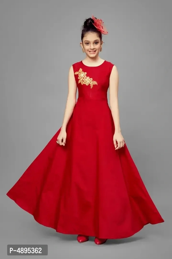 Stylish Satin Red Embroidered Long Dress For Girls - Red, 3-4 Years